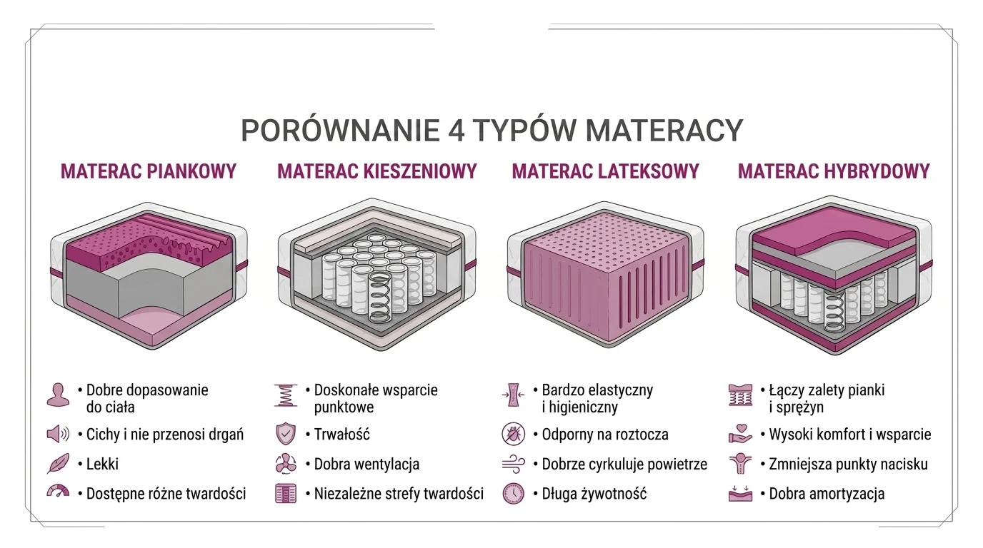 Rodzaje materacy – piankowy, kieszeniowy, lateksowy, hybrydowy – przekrój wkładów
